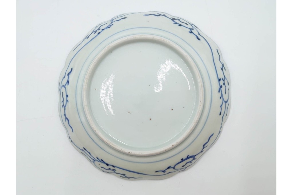 江戸期　古伊万里　染付・芙蓉手　直径約17cm(5.6寸)　上品な輪花型の中皿5枚セット　(R-088590)