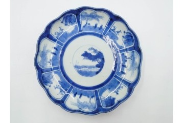 江戸期　古伊万里　染付・芙蓉手　直径約17cm(5.6寸)　上品な輪花型の中皿5枚セット　(R-088590)