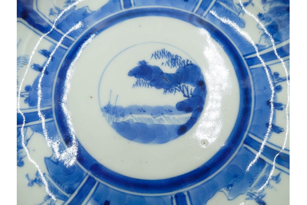 江戸期　古伊万里　染付・芙蓉手　直径約17cm(5.6寸)　上品な輪花型の中皿5枚セット　(R-088590)