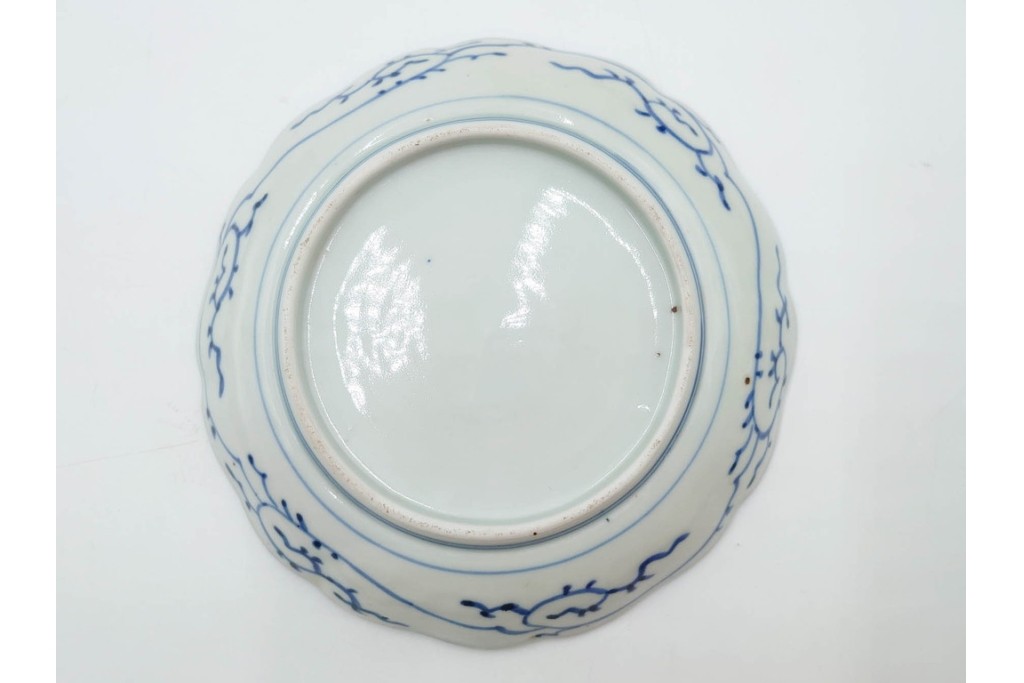 江戸期　古伊万里　染付・芙蓉手　直径約17cm(5.6寸)　上品な輪花型の中皿5枚セット　(R-088590)