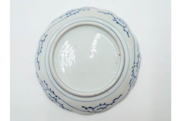 江戸期　古伊万里　染付・芙蓉手　直径約17cm(5.6寸)　上品な輪花型の中皿5枚セット　(R-088590)