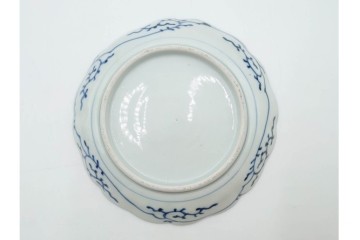 江戸期　古伊万里　染付・芙蓉手　直径約17cm(5.6寸)　上品な輪花型の中皿5枚セット　(R-088590)