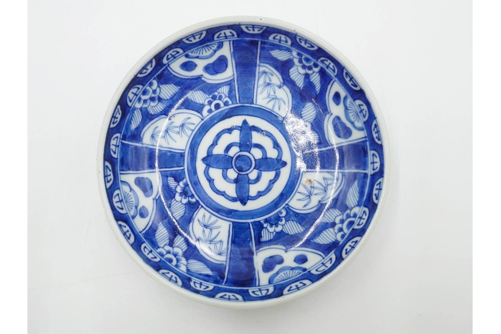 江戸期　古伊万里　染付　直径約16cm(5.2寸)　端正な絵付けが魅力の中皿5枚セット　(R-088591)