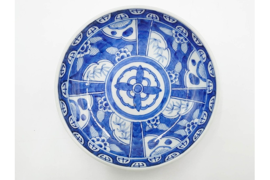 江戸期　古伊万里　染付　直径約16cm(5.2寸)　端正な絵付けが魅力の中皿5枚セット　(R-088591)