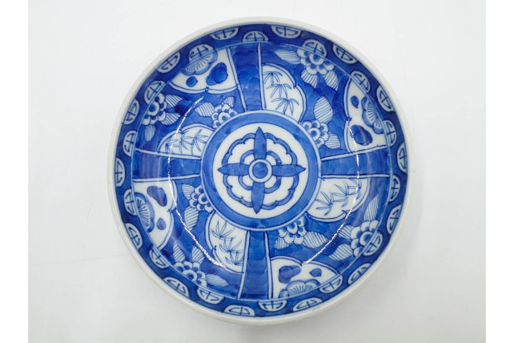 江戸期　古伊万里　染付　直径約16cm(5.2寸)　端正な絵付けが魅力の中皿5枚セット　(R-088592)
