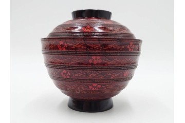 理平造　木製　漆器　艶やかな梅松葉絵椀5点セット　共箱付き　(R-088593)