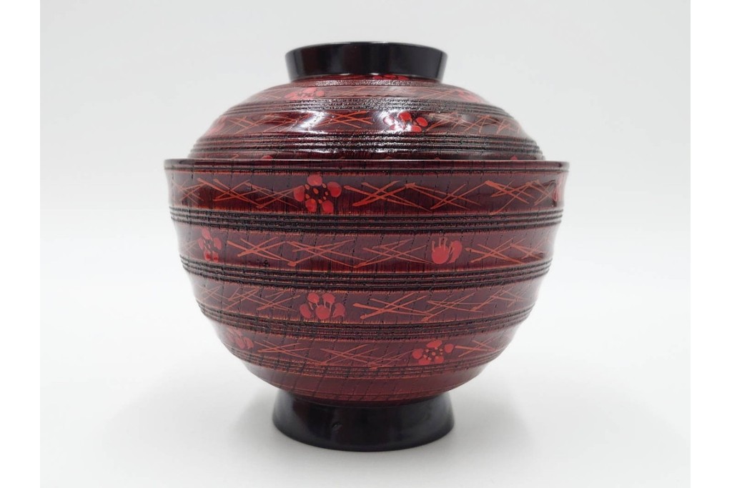 理平造　木製　漆器　艶やかな梅松葉絵椀5点セット　共箱付き　(R-088593)
