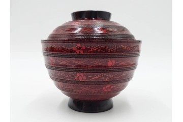 理平造　木製　漆器　艶やかな梅松葉絵椀5点セット　共箱付き　(R-088593)