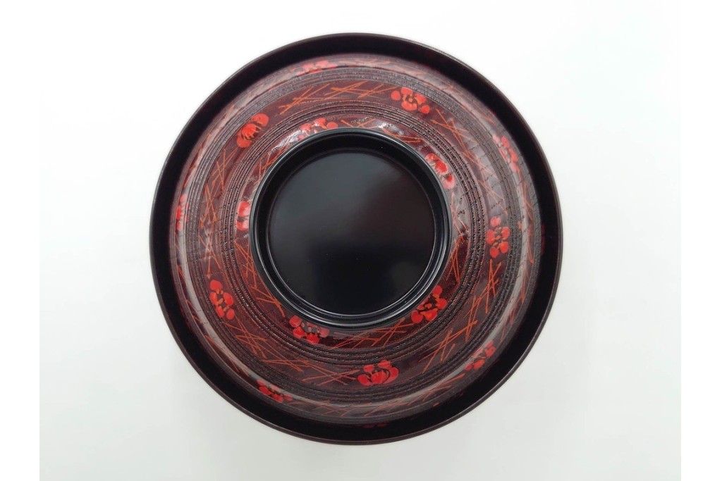 理平造　木製　漆器　艶やかな梅松葉絵椀5点セット　共箱付き　(R-088593)