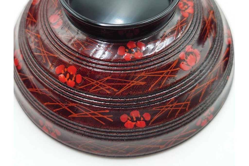 理平造　木製　漆器　艶やかな梅松葉絵椀5点セット　共箱付き　(R-088593)