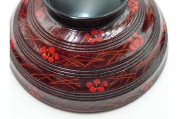 理平造　木製　漆器　艶やかな梅松葉絵椀5点セット　共箱付き　(R-088593)