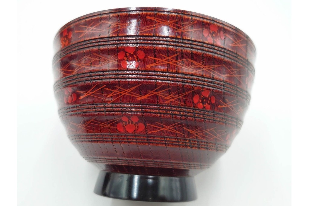 理平造　木製　漆器　艶やかな梅松葉絵椀5点セット　共箱付き　(R-088593)