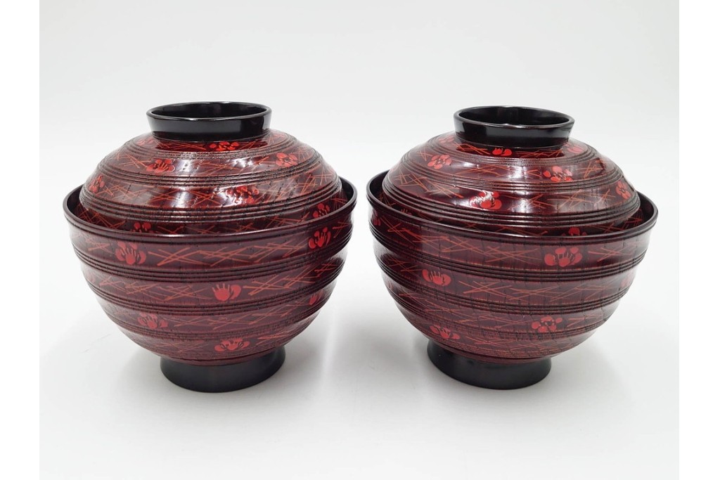 理平造　木製　漆器　艶やかな梅松葉絵椀5点セット　共箱付き　(R-088593)