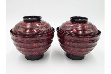 理平造　木製　漆器　艶やかな梅松葉絵椀5点セット　共箱付き　(R-088593)