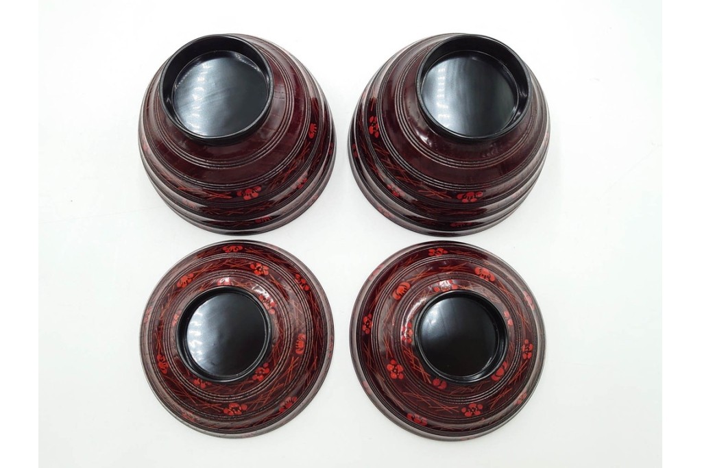 理平造　木製　漆器　艶やかな梅松葉絵椀5点セット　共箱付き　(R-088593)