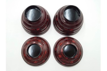 理平造　木製　漆器　艶やかな梅松葉絵椀5点セット　共箱付き　(R-088593)
