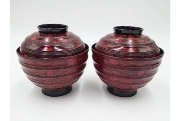 理平造　木製　漆器　艶やかな梅松葉絵椀5点セット　共箱付き　(R-088593)