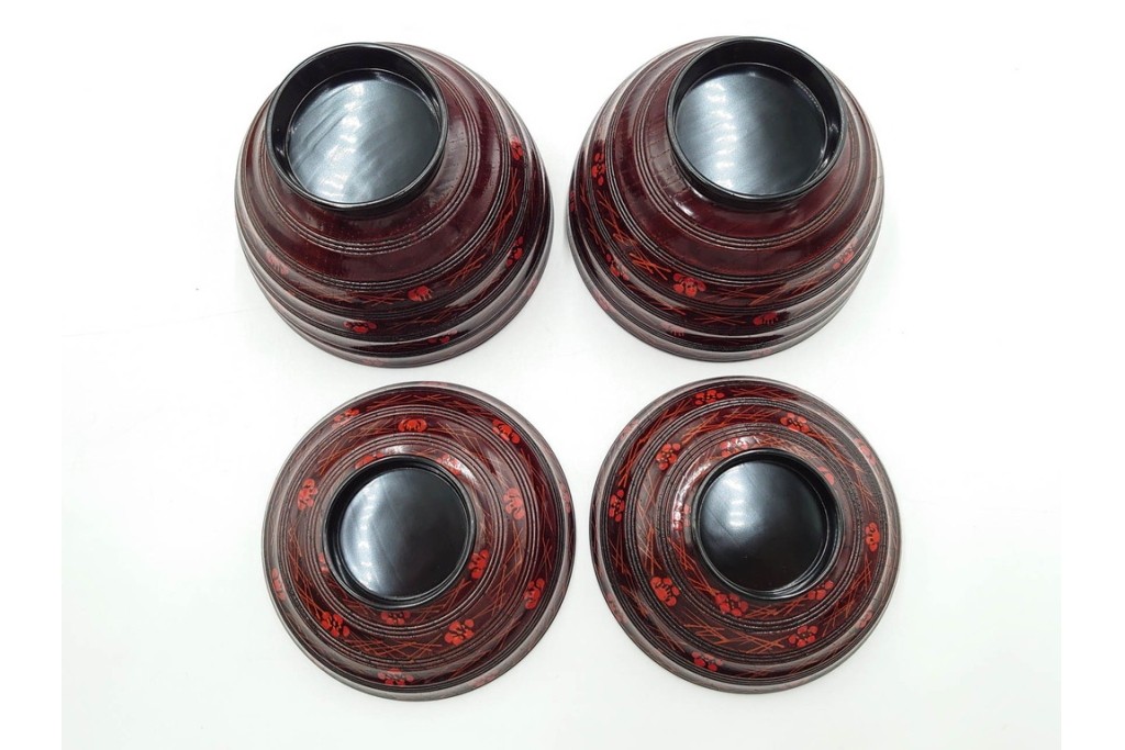 理平造　木製　漆器　艶やかな梅松葉絵椀5点セット　共箱付き　(R-088593)