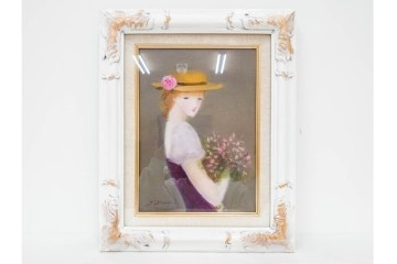 真作　黒木トモ子　油彩　F4号　「花もつ少女」　麦わら帽子の少女を描いた絵画　外箱付き　(R-088596)