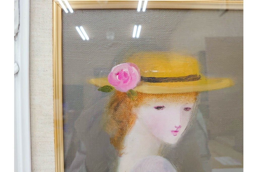 真作　黒木トモ子　油彩　F4号　「花もつ少女」　麦わら帽子の少女を描いた絵画　外箱付き　(R-088596)