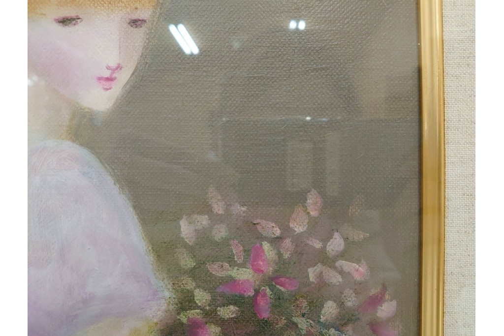 真作　黒木トモ子　油彩　F4号　「花もつ少女」　麦わら帽子の少女を描いた絵画　外箱付き　(R-088596)
