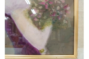 真作　黒木トモ子　油彩　F4号　「花もつ少女」　麦わら帽子の少女を描いた絵画　外箱付き　(R-088596)