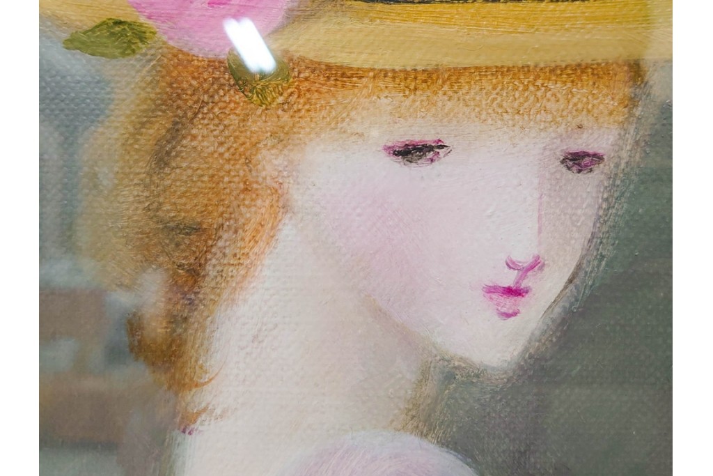 真作　黒木トモ子　油彩　F4号　「花もつ少女」　麦わら帽子の少女を描いた絵画　外箱付き　(R-088596)