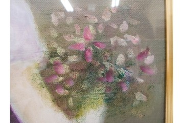 真作　黒木トモ子　油彩　F4号　「花もつ少女」　麦わら帽子の少女を描いた絵画　外箱付き　(R-088596)