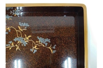 明治から大正期　時代物　木製　漆器　梨地に梅の金銀蒔絵が映える盆　(R-088599)