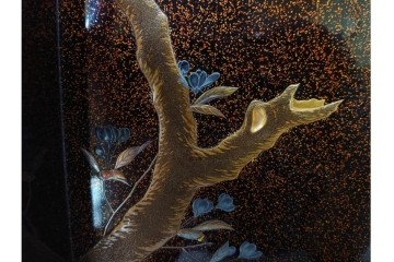 明治から大正期　時代物　木製　漆器　梨地に梅の金銀蒔絵が映える盆　(R-088599)