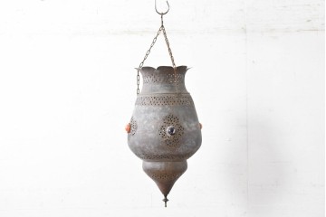 《引っ掛けシーリング式ペンダントライト加工費込み》　モロッコヴィンテージ　銅製　色ガラス装飾がアクセントの大型吊り下げ照明　(R-088637)