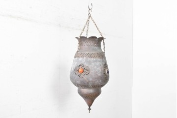 《引っ掛けシーリング式ペンダントライト加工費込み》　モロッコヴィンテージ　銅製　色ガラス装飾がアクセントの大型吊り下げ照明　(R-088637)