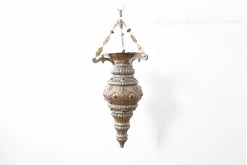 アジアンヴィンテージ　インド　高級工芸品　真鍮　宝石象嵌風の装飾が異国の宮殿を思わせる大型のランタン型ペンダントライト　(R-088638)