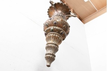 アジアンヴィンテージ　インド　高級工芸品　真鍮　宝石象嵌風の装飾が異国の宮殿を思わせる大型のランタン型ペンダントライト　(R-088638)