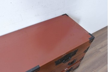 中古　仙台民芸箪笥(仙台箪笥)　朱塗り　漆塗り　高級ライン　重厚な牡丹金具が目を引く衣装箪笥　定価約60万円　(R-088652)