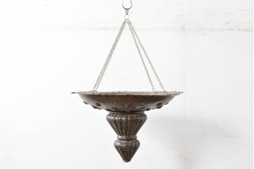 《引っ掛けシーリング式ペンダントライト加工費込み》　ヴィンテージ照明　モロッコ　真鍮製　色ガラス飾りと透かし装飾が美しい大型の吊り下げ照明　(R-088662)