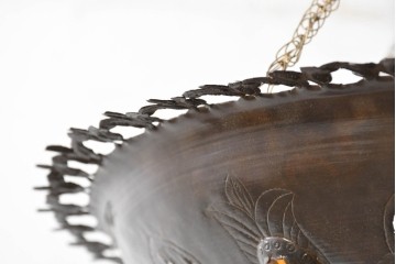 《引っ掛けシーリング式ペンダントライト加工費込み》　ヴィンテージ照明　モロッコ　真鍮製　色ガラス飾りと透かし装飾が美しい大型の吊り下げ照明　(R-088662)