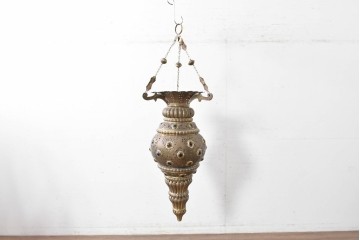 アジアンヴィンテージ　インド　高級工芸品　真鍮　宝石象嵌風の装飾が異国の宮殿を思わせる大型のランタン型ペンダントライト　(R-088671)