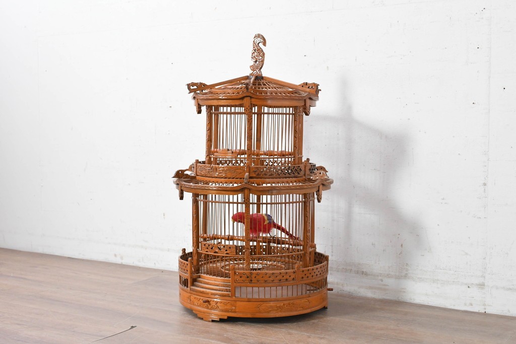 【簡易リペア限定品】　中古　アジアン民芸雑貨　緻密な竹細工が見事な鳥かご　(R-088695)