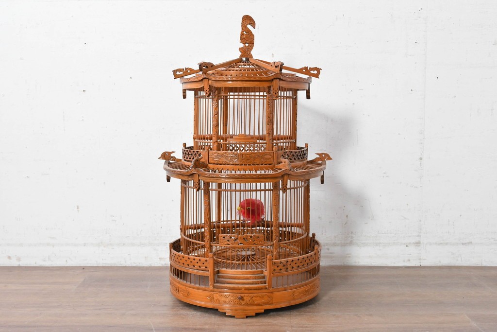 【簡易リペア限定品】　中古　アジアン民芸雑貨　緻密な竹細工が見事な鳥かご　(R-088695)