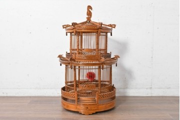 【簡易リペア限定品】　中古　アジアン民芸雑貨　緻密な竹細工が見事な鳥かご　(R-088695)