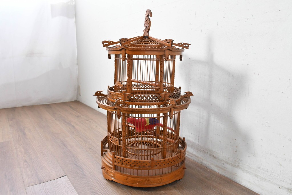 【簡易リペア限定品】　中古　アジアン民芸雑貨　緻密な竹細工が見事な鳥かご　(R-088695)