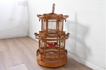 【簡易リペア限定品】　中古　アジアン民芸雑貨　緻密な竹細工が見事な鳥かご　(R-088695)