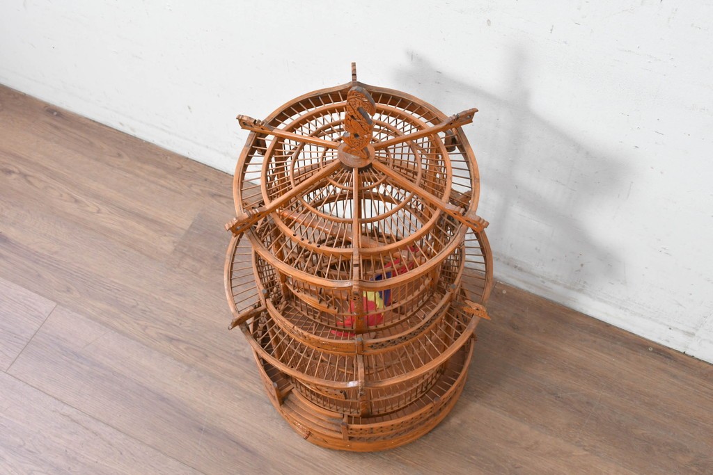【簡易リペア限定品】　中古　アジアン民芸雑貨　緻密な竹細工が見事な鳥かご　(R-088695)