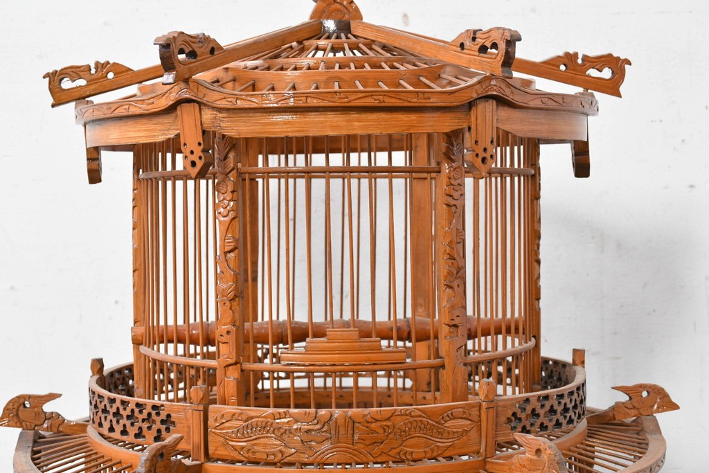 【簡易リペア限定品】　中古　アジアン民芸雑貨　緻密な竹細工が見事な鳥かご　(R-088695)