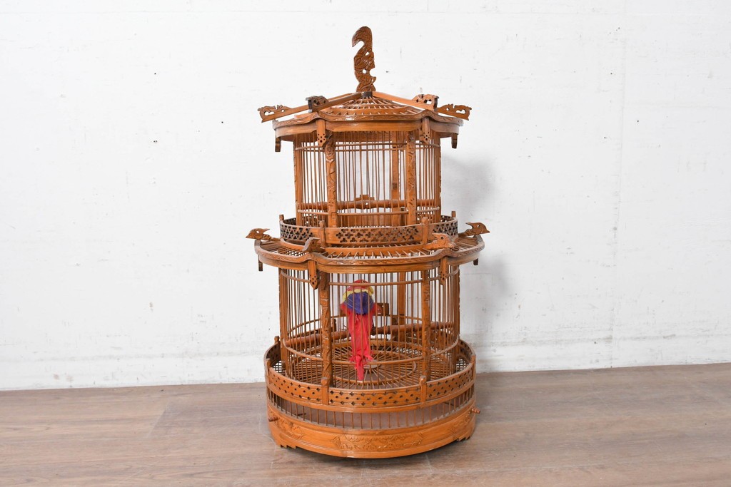 【簡易リペア限定品】　中古　アジアン民芸雑貨　緻密な竹細工が見事な鳥かご　(R-088695)