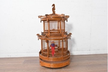 【簡易リペア限定品】　中古　アジアン民芸雑貨　緻密な竹細工が見事な鳥かご　(R-088695)