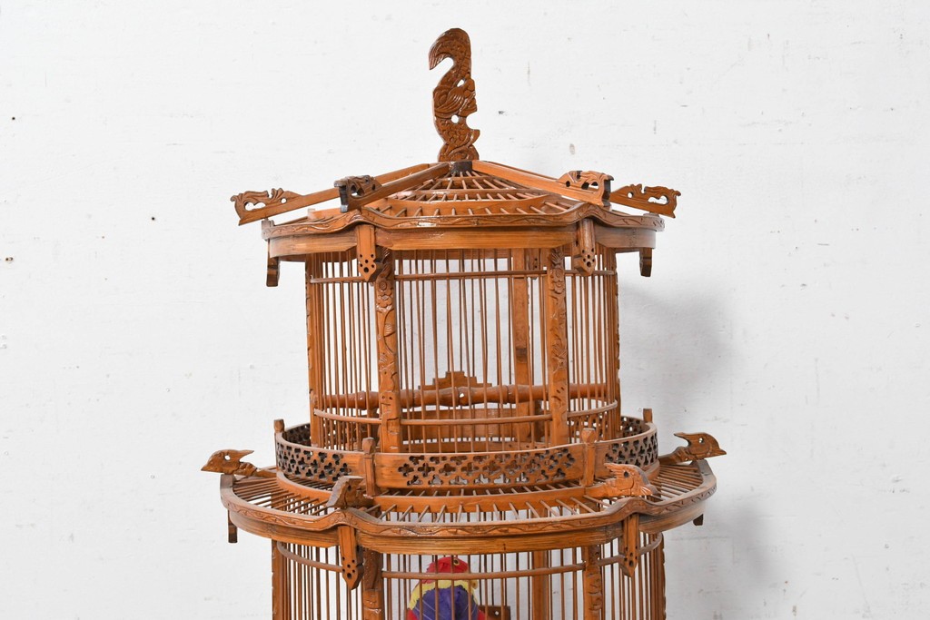 【簡易リペア限定品】　中古　アジアン民芸雑貨　緻密な竹細工が見事な鳥かご　(R-088695)