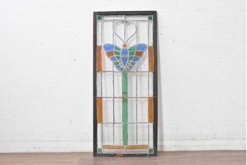 アジアアンティーク建具　蝶のモチーフと色ガラスの意匠が愛らしいステンドグラス　(R-088841)