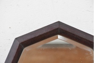 和製ヴィンテージ　昭和中期　希少デザイン　欅材　面取り鏡が上品な八角ウォールミラー　(R-088847)